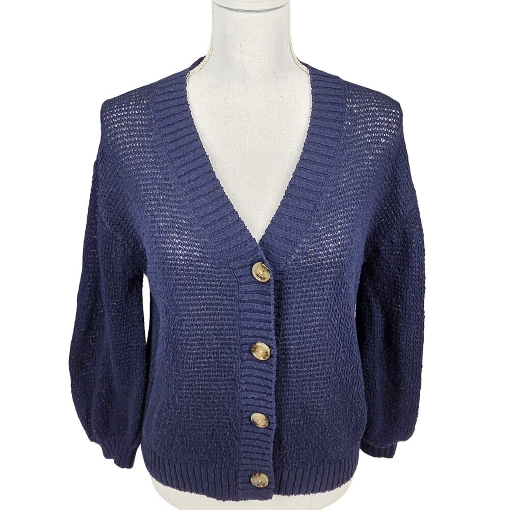 LOFT WOMEN'S NAVY BLUE KNIT BUTTON CARDIGAN – SIZE XS – COTTON BLEND – TEXTURED
